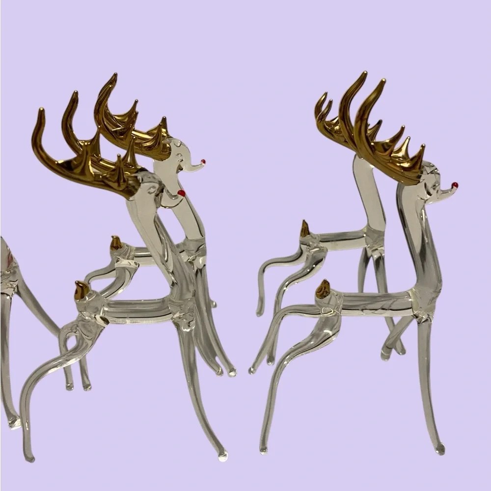 Vintage Reindeer 22 K Gold Overlay Hand Blown Glass Reindeer 5 Piece Set Clear